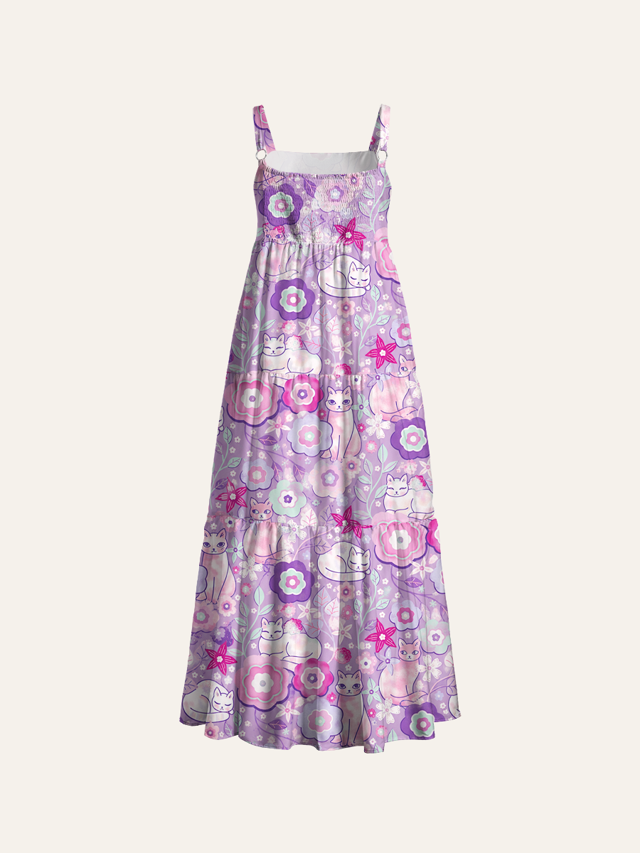 Watercolor Cat Floral Cottagecore Ajustable Wide Straps Maxi Dress