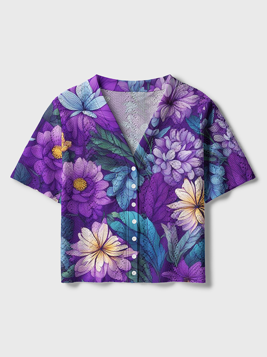 Dark Purple Dahlia Floral Crochet Button Down Cardigan