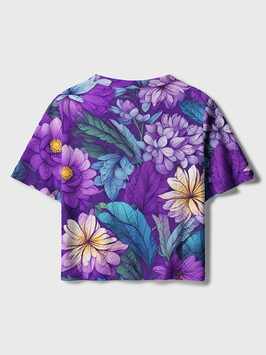 Dark Purple Dahlia Floral Crochet Button Down Cardigan