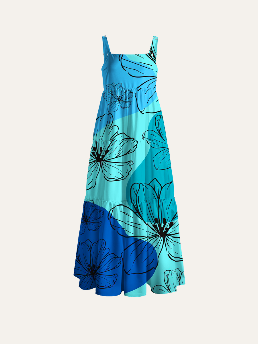 Minimal Line Art Flower Abstract Ajustable Wide Straps Maxi Dress