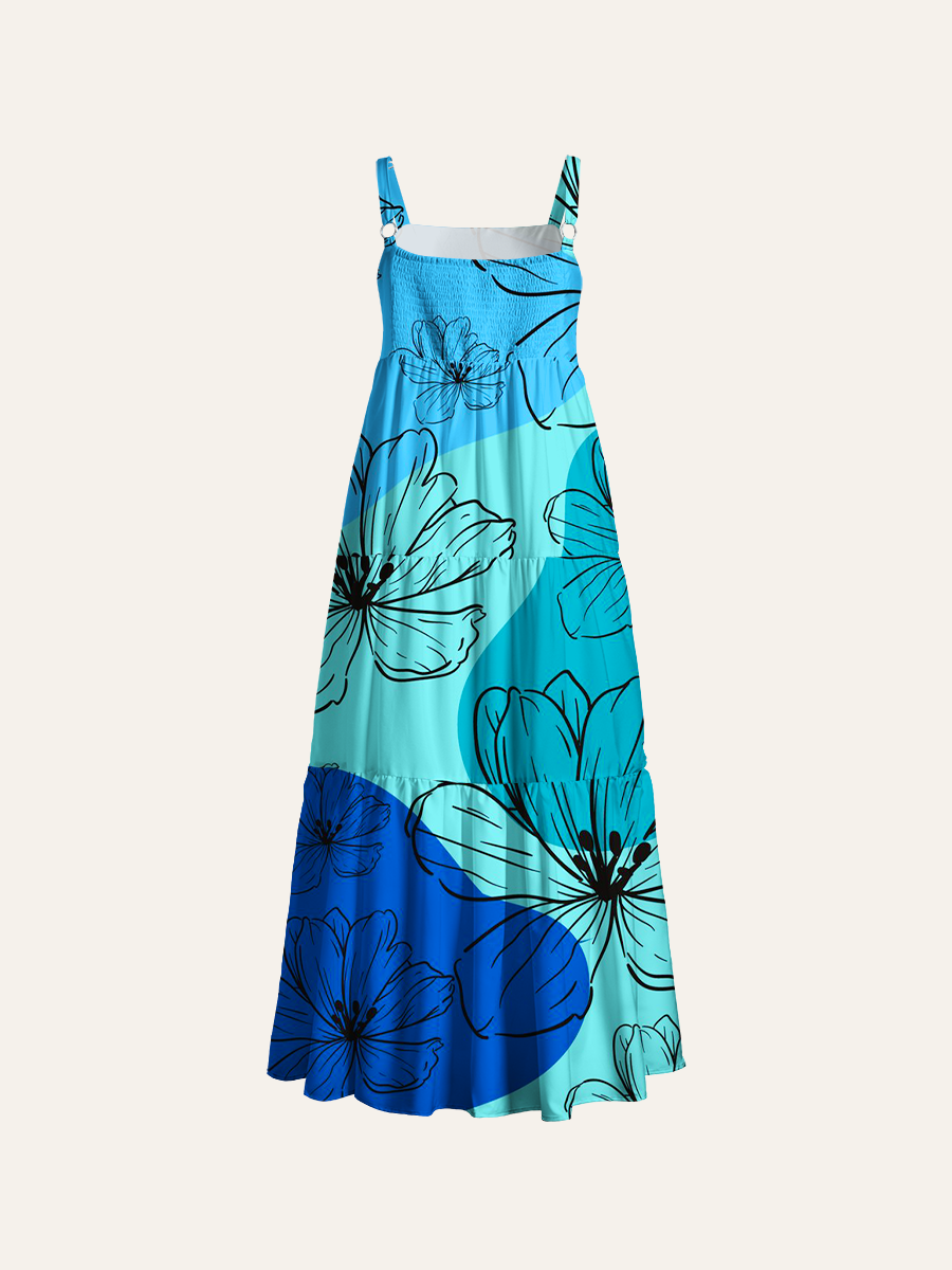 Minimal Line Art Flower Abstract Ajustable Wide Straps Maxi Dress