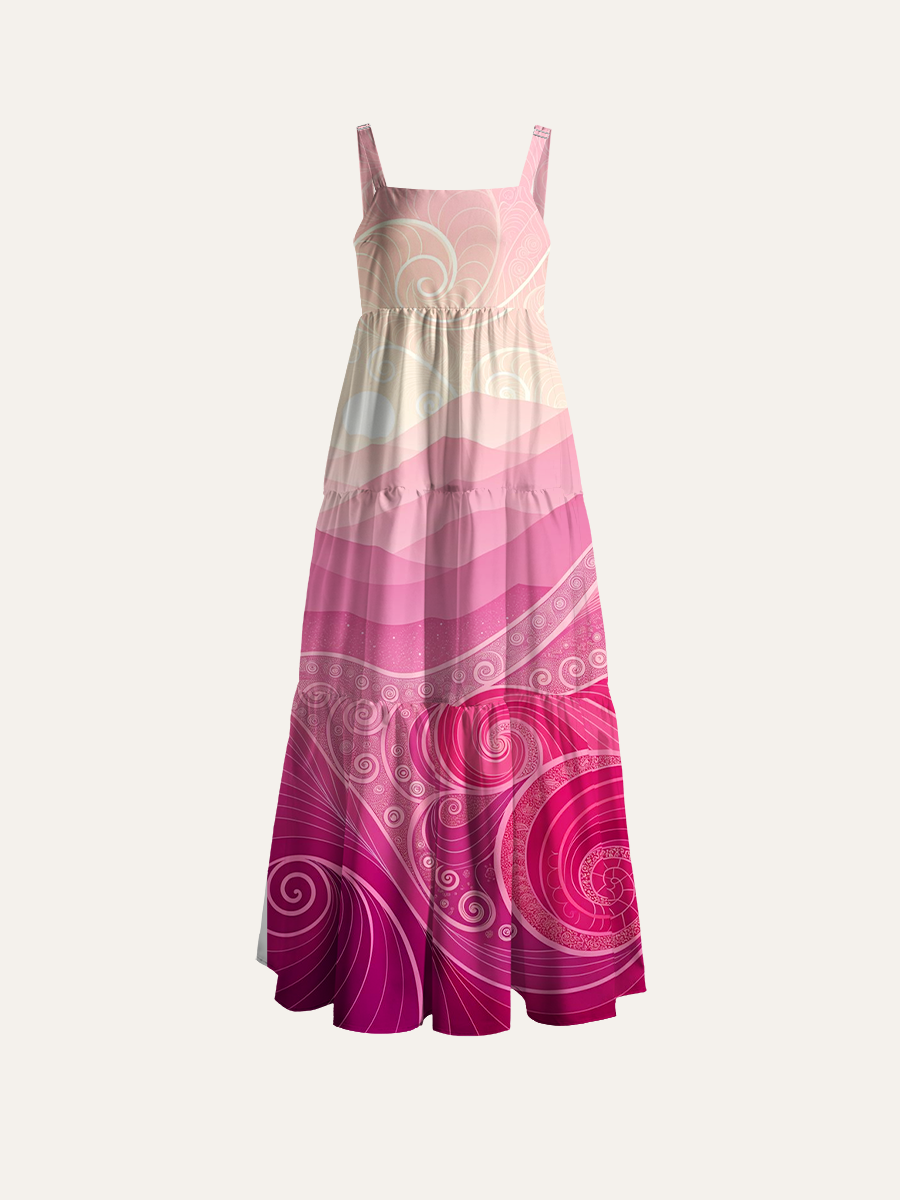 Boho Layered Rolling Mountains Adjustable Wide Straps Maxi Dress