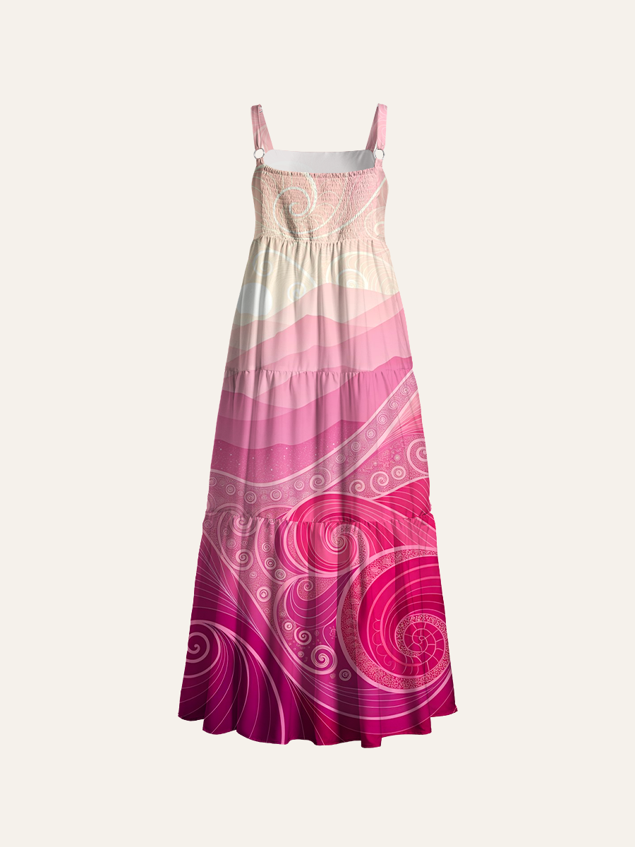 Boho Layered Rolling Mountains Adjustable Wide Straps Maxi Dress