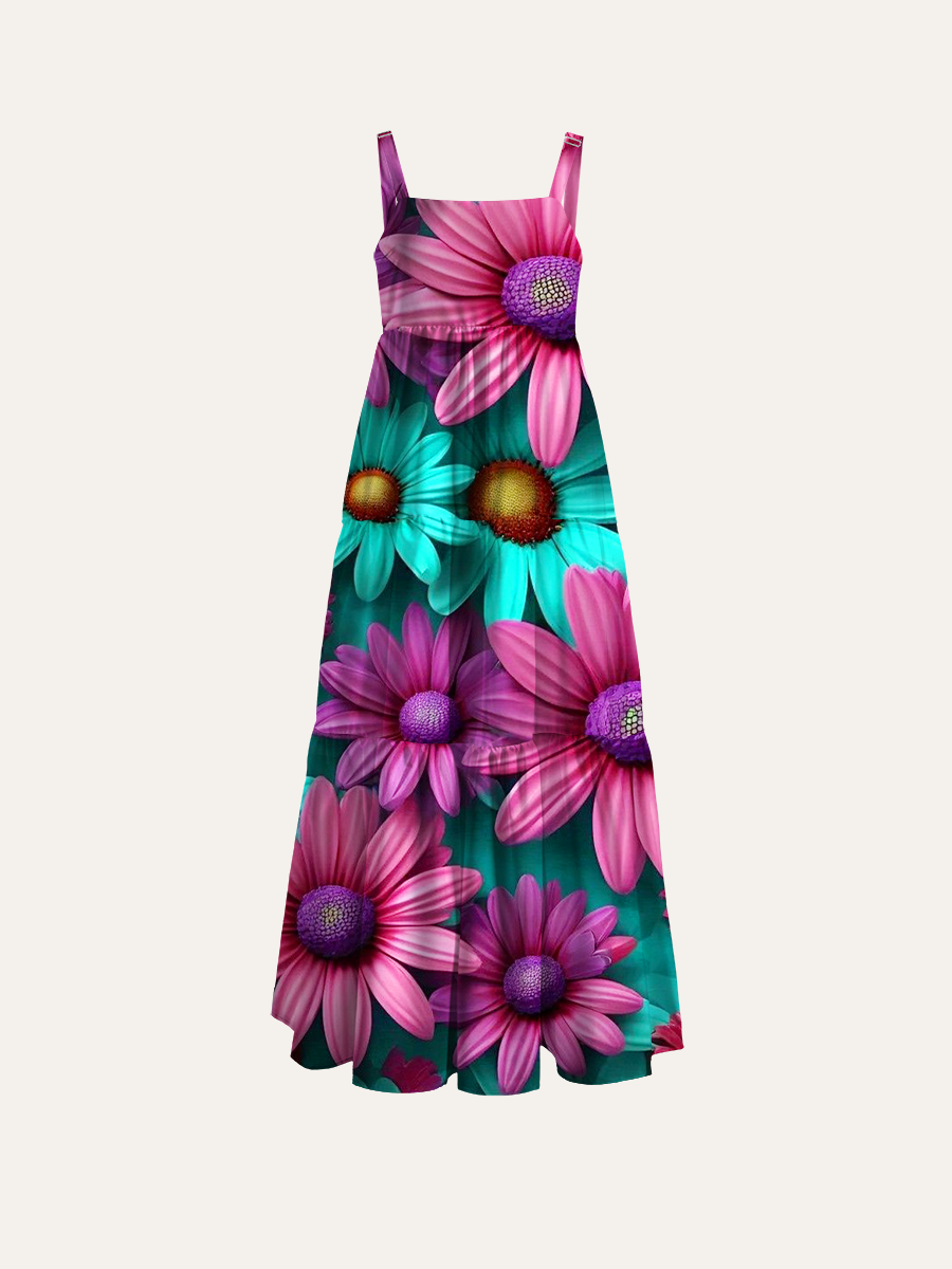 Tropical Hibiscus Hawaiian Adjustable Wide Straps Maxi Dress