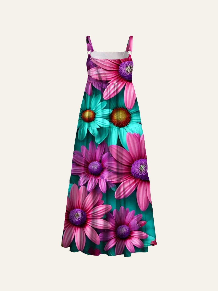 Tropical Hibiscus Hawaiian Adjustable Wide Straps Maxi Dress