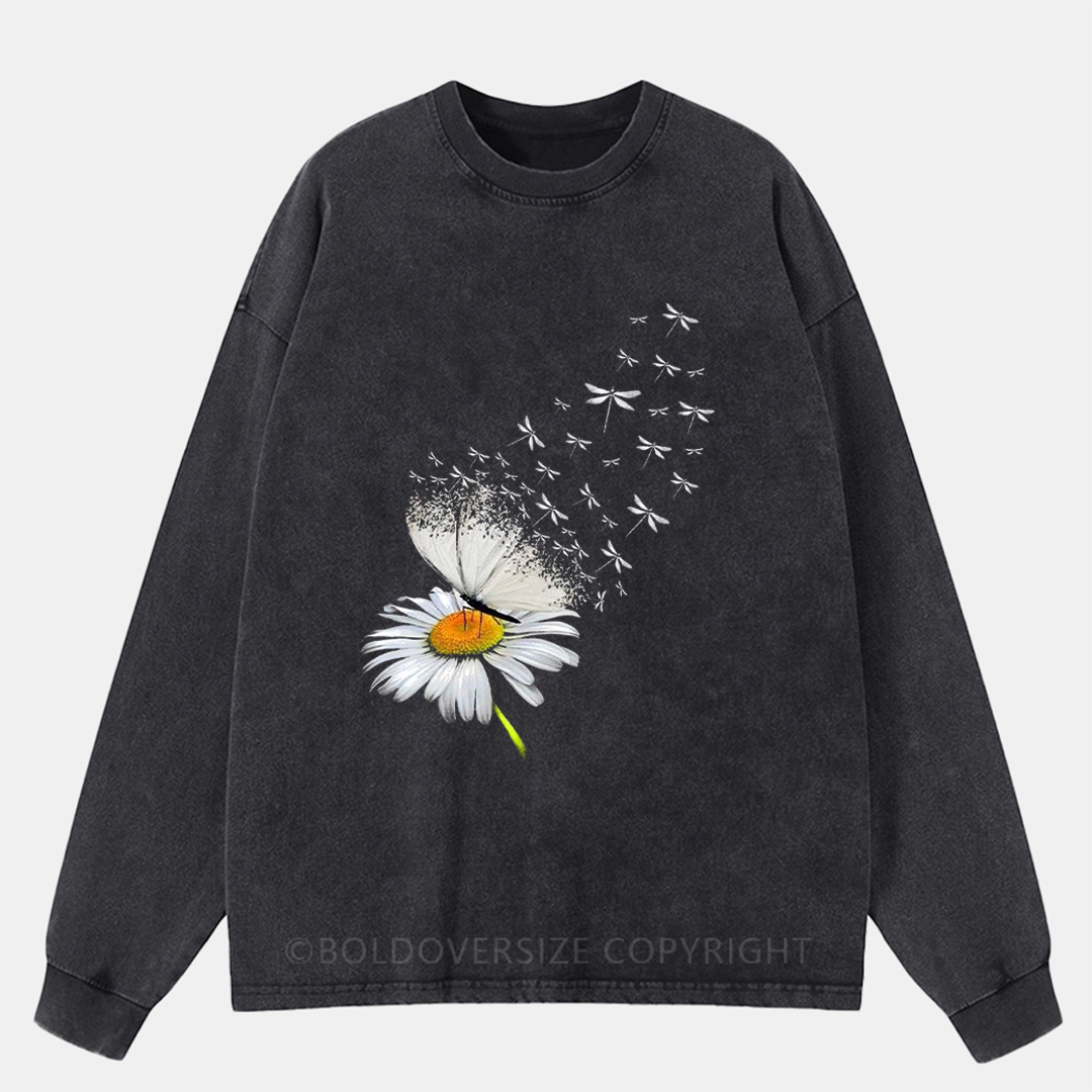 Daisy Butterfly And Dragonfly Washed Long Sleeve Shirt