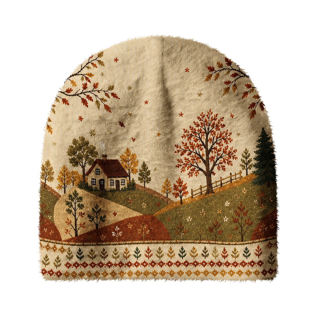 Rural Autumn Cottage Cross‑Stitch Cozy Fuzzy Beanie