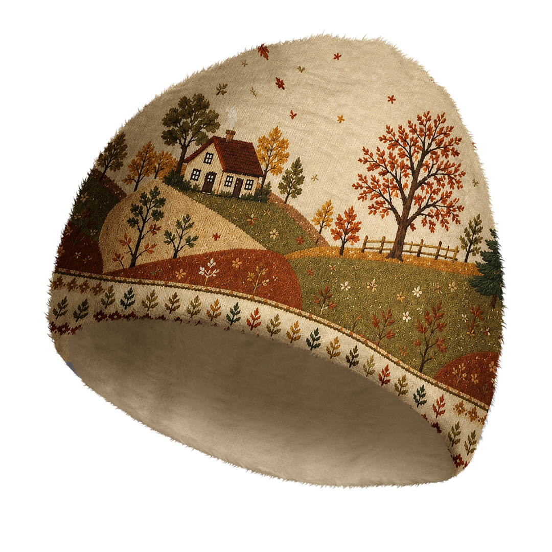 Rural Autumn Cottage Cross‑Stitch Cozy Fuzzy Beanie