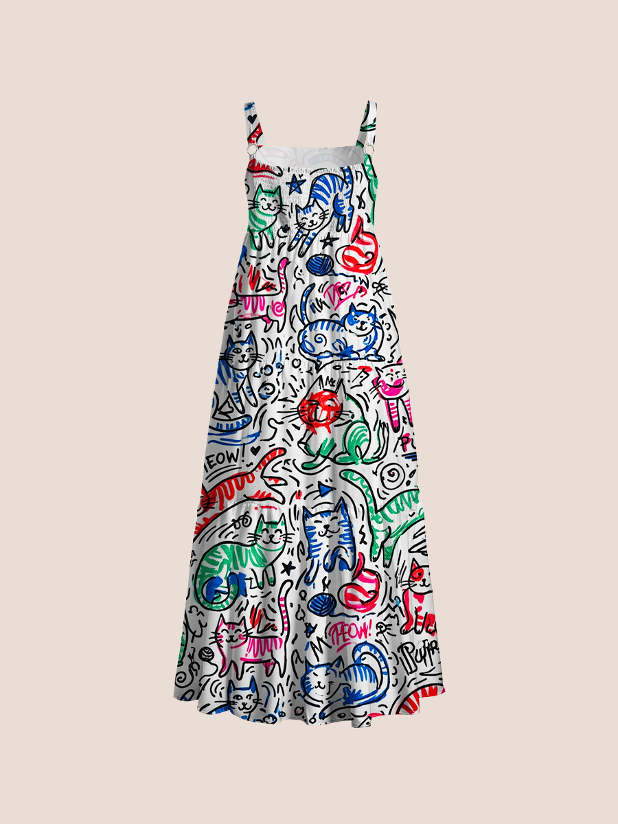 Colorful Abstract Line-Art Cats Adjustable Wide Straps Maxi Dress