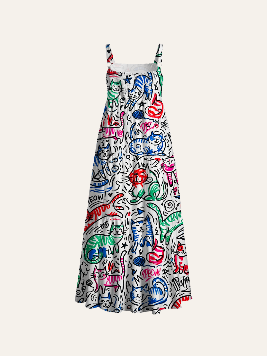 Colorful Abstract Line-Art Cats Adjustable Wide Straps Maxi Dress