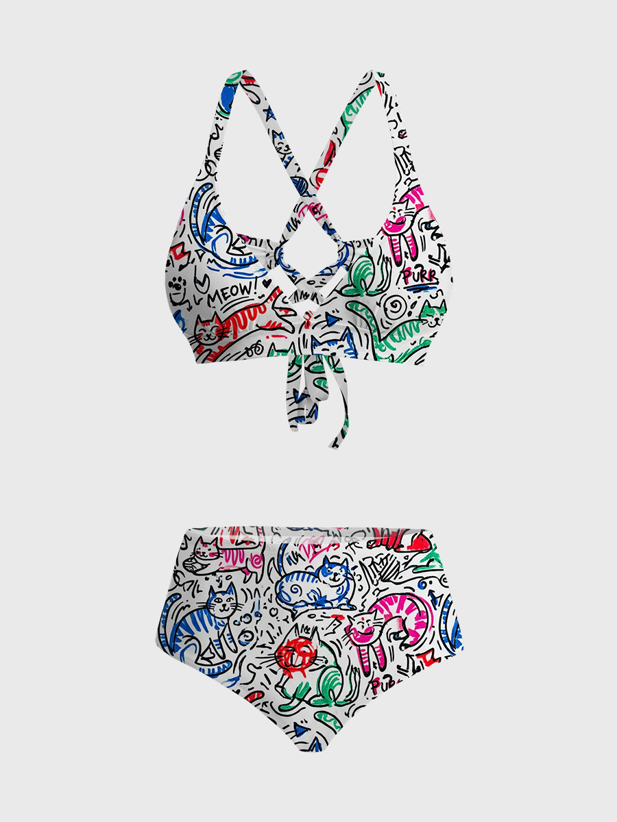Vintage Colorful  Abstract Line-Art Cats Two Piece Ruffled Tankini Swimsuit