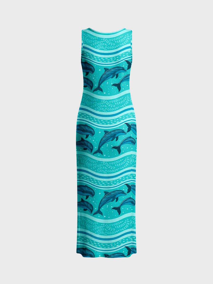 Teal Blue Dolphin Open Stitch Midi Dress