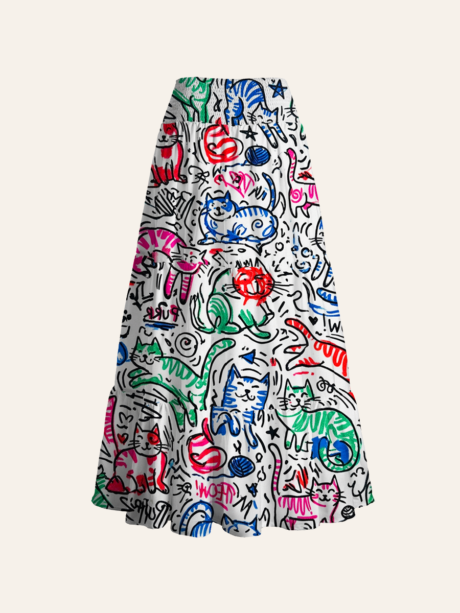 Colorful  Abstract Line-Art Cats Convertible Maxi Skirts
