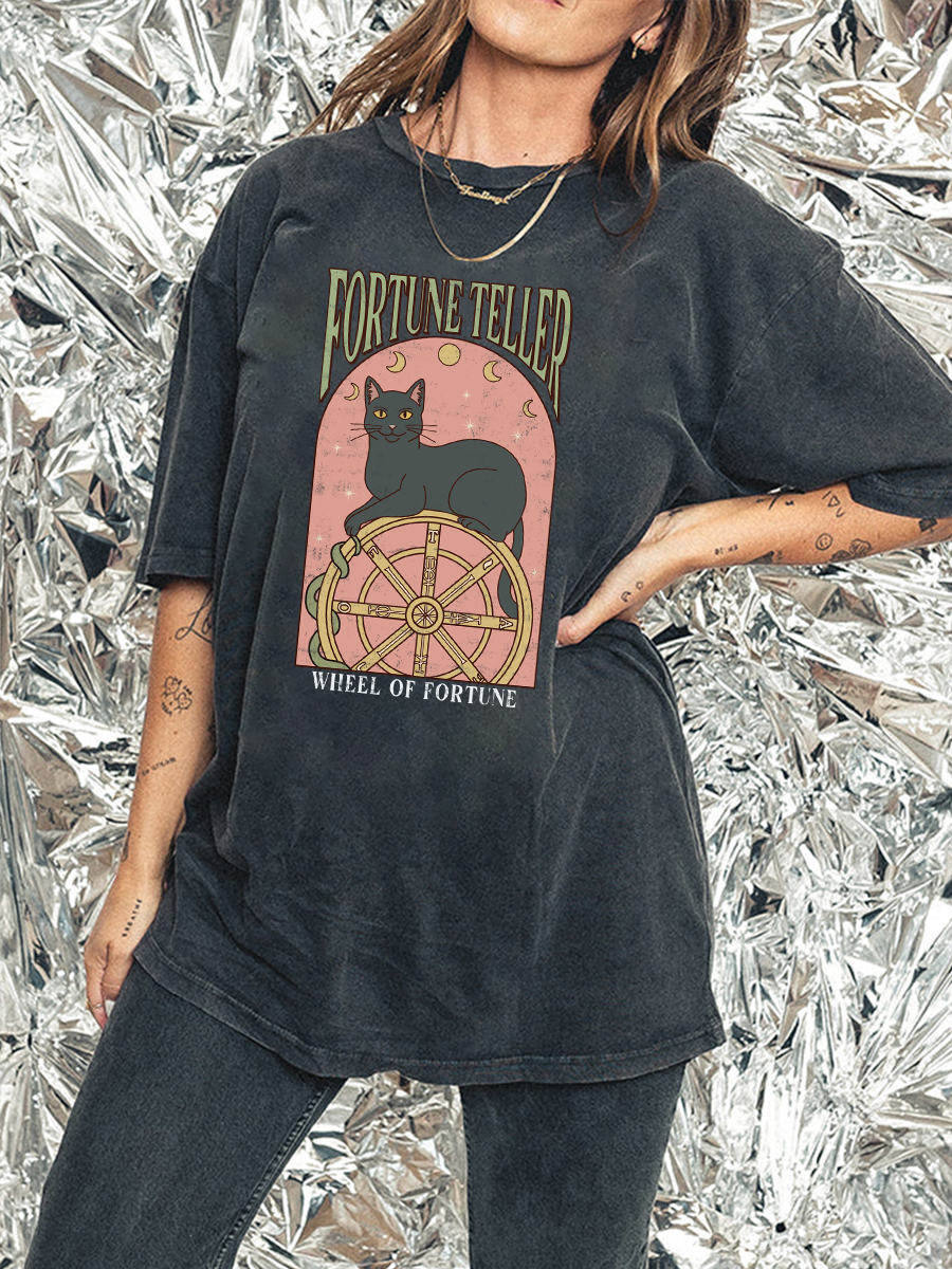 Vintage Wheel Of Fortune Teller Cat Washed T-Shirt