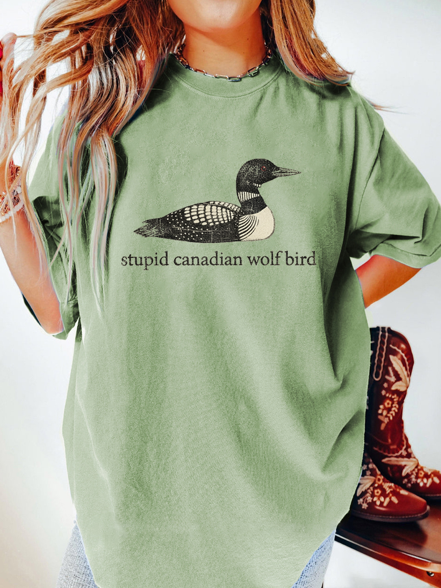Vintage Stupid Canadian Wolf Bird Oversize Graphic Tee