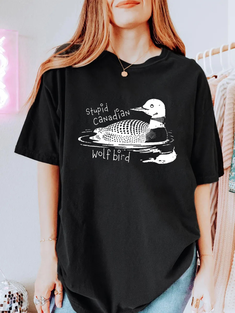 Vintage Stupid Canadian Wolf Bird Oversize Graphic Tee