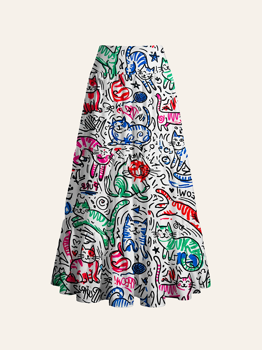 Colorful  Abstract Line-Art Cats Convertible Maxi Skirts