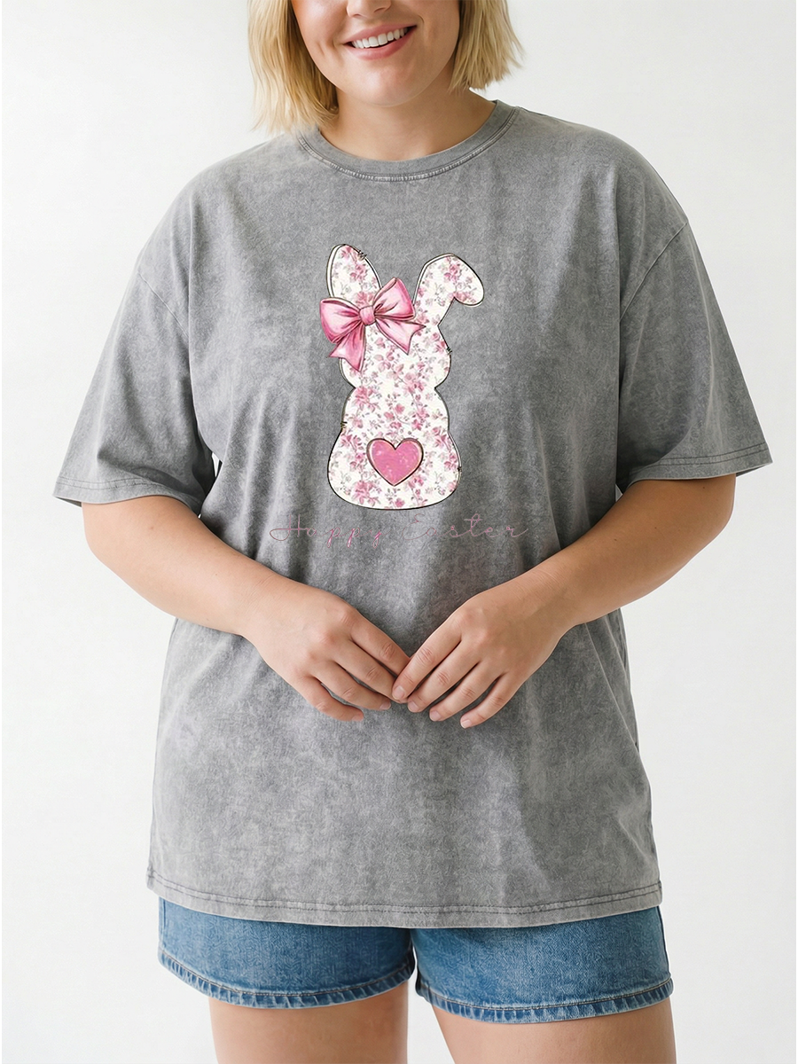 Vintage Women'S Easter Bunny Floral Washed T-Shirt