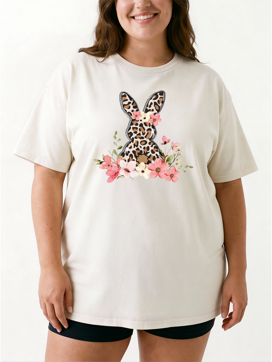 Vintage Floral Leopard Bunny Oversize Graphic Tee