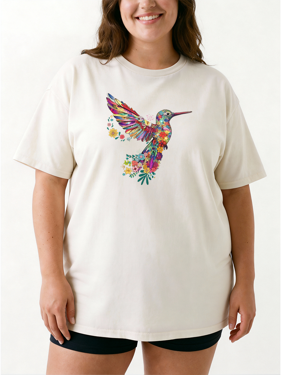 Vintage Floral Hummingbird Oversize Graphic Tee