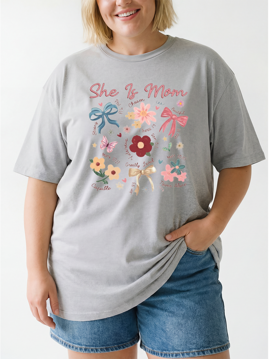 Vintage She Is Mom Bows And Flowers Oversize Graphic Tee