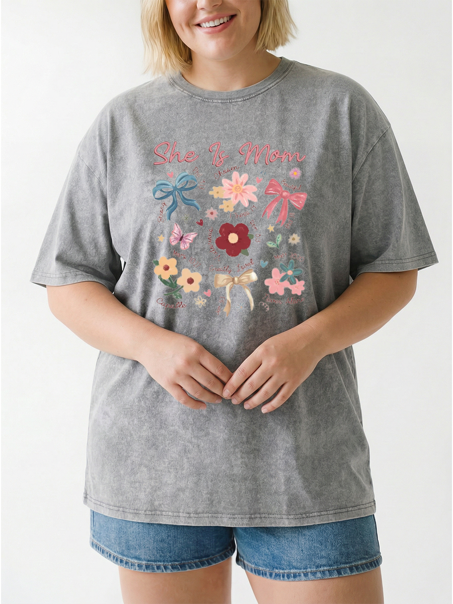 Vintage She Is Mom Bows And Flowers Washed T-Shirt