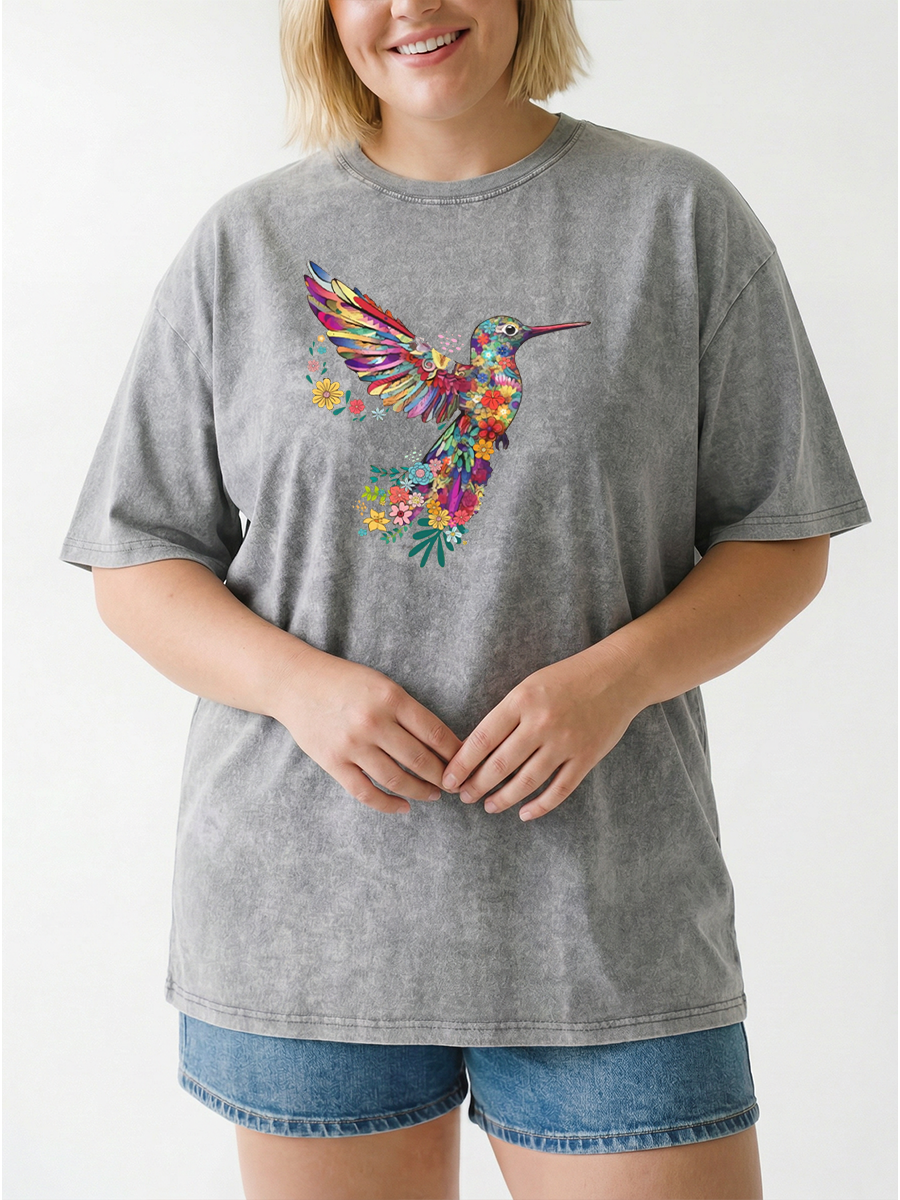 Vintage Floral Hummingbird Washed T-Shirt