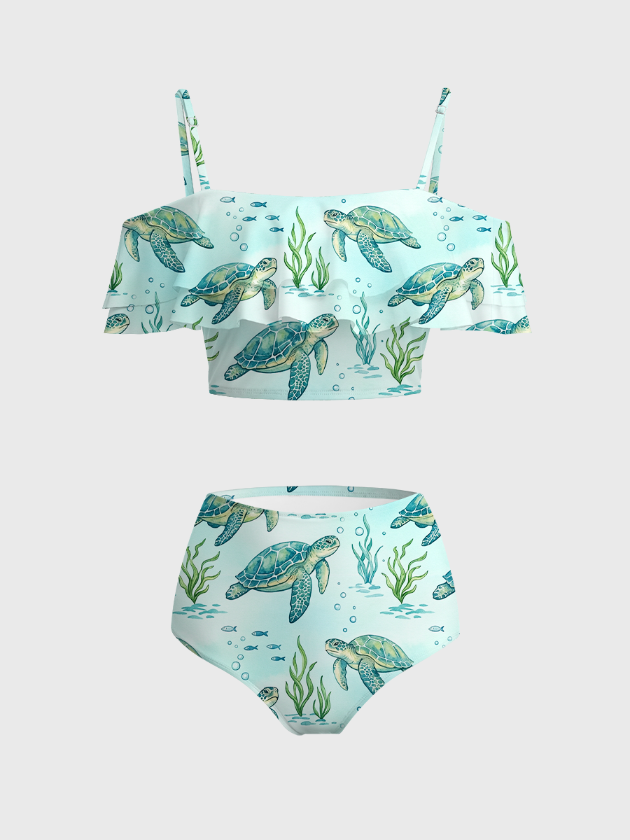 Vintage Relaxed Sea Turtle Two Piece Ruffled Tankini Swimsuit