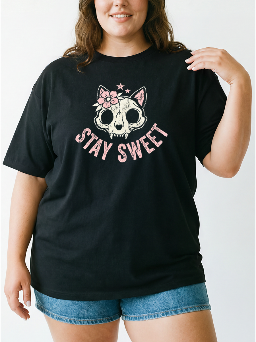 Vintage Stay Sweet Skull Cat Oversize Graphic Tee