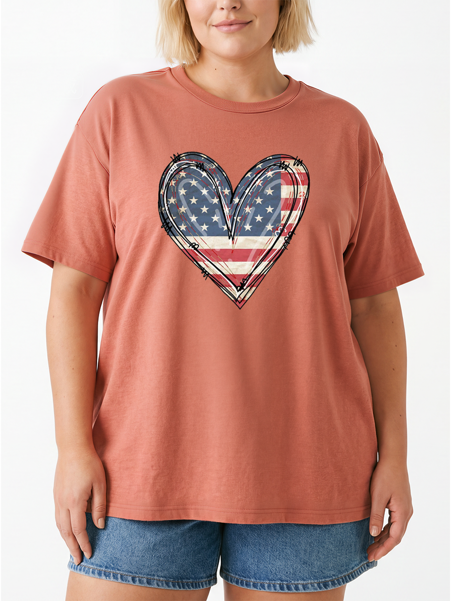 Vintage 4Th Of July American Flag Heart Oversize Graphic Tee