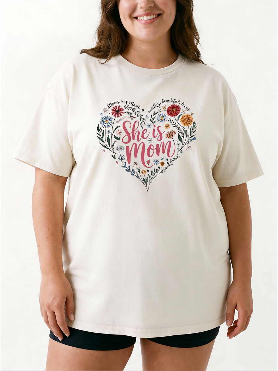 Vintage She Is Mom Heart Floral Design Oversize Graphic Tee