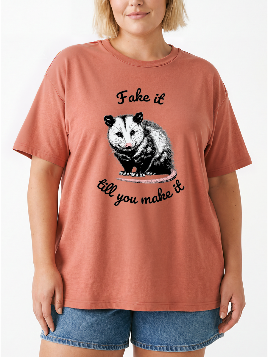 Vintage Fake It Till You Make It Funny Possum Oversize Graphic Tee
