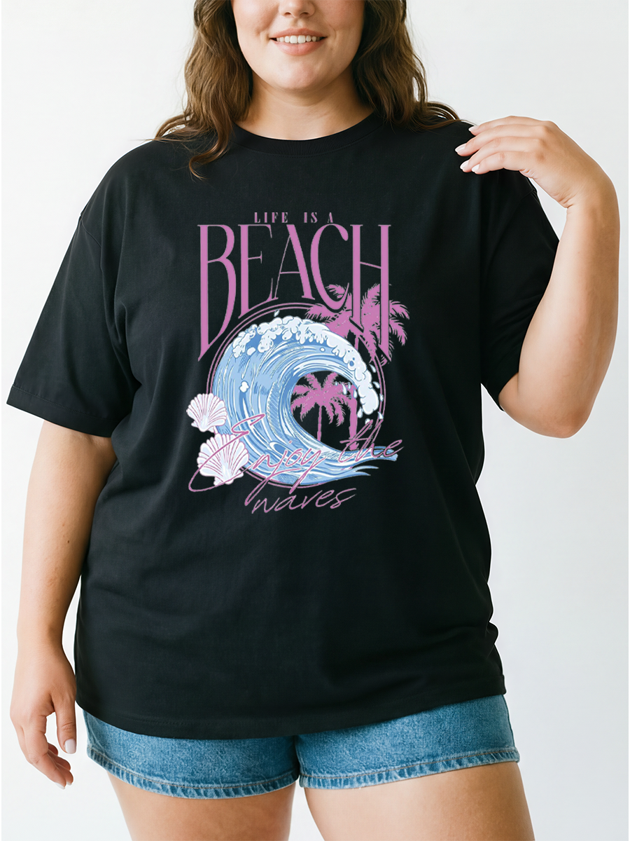 Vintage Life Is A Beach Enjoy The Waves Oversize Graphic Tee