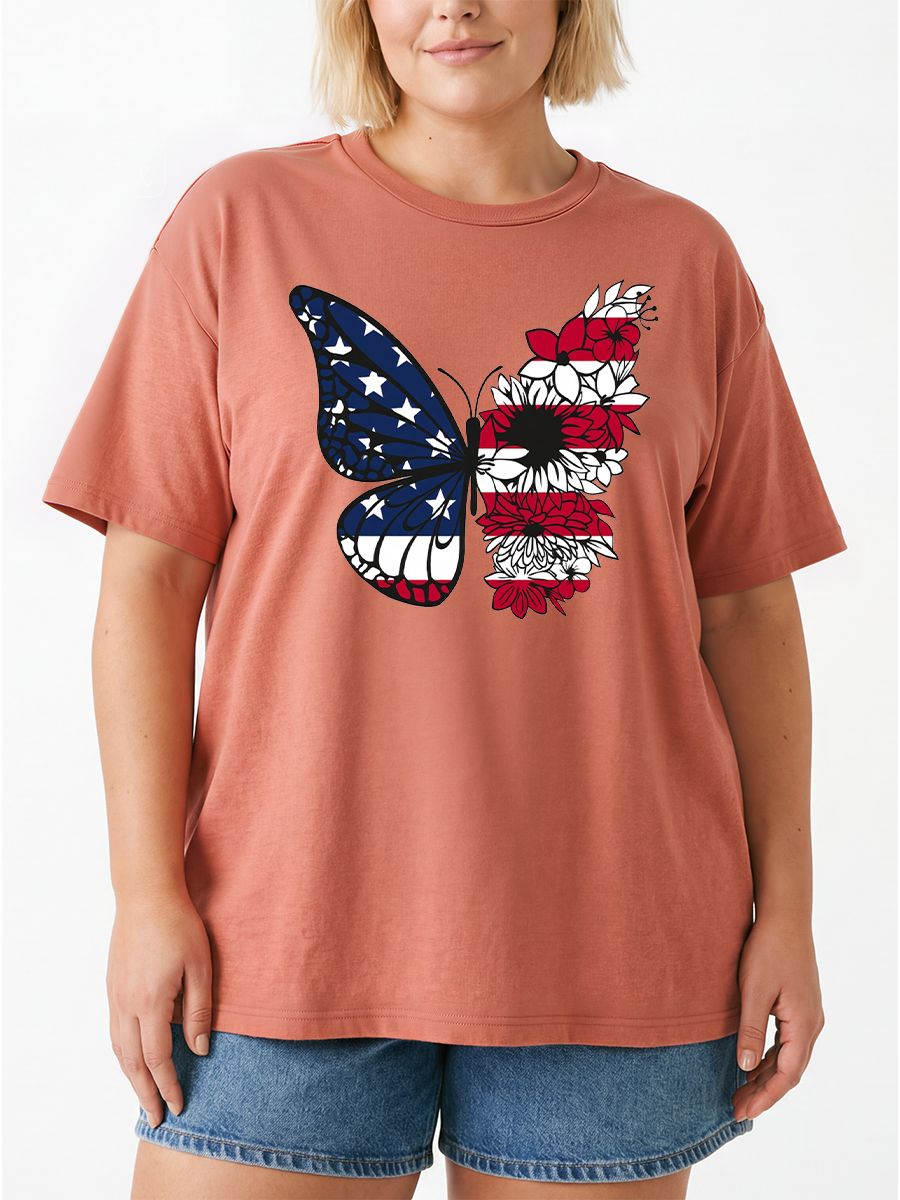 Vintage Patriotic Butterfly And Sunflower Oversize Graphic Tee