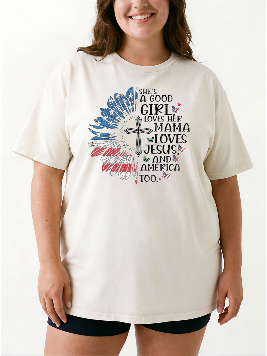 Vintage Loves Her Mama Loves Jesus And America Christian Oversize Graphic Tee