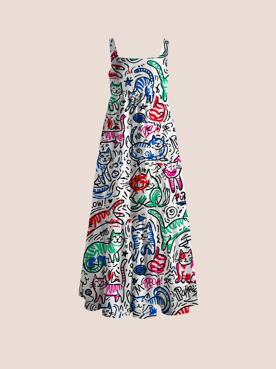 Colorful Abstract Line-Art Cats Adjustable Wide Straps Maxi Dress