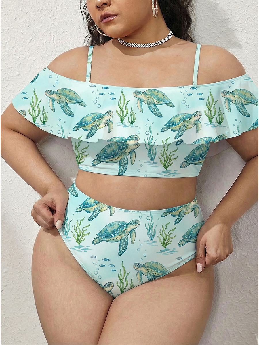 Vintage Relaxed Sea Turtle Two Piece Ruffled Tankini Swimsuit