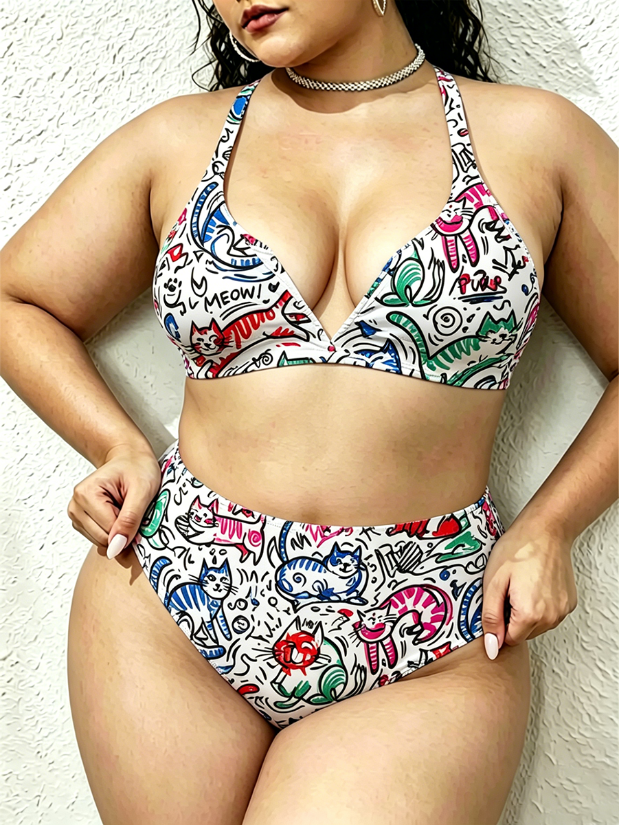 Vintage Colorful  Abstract Line-Art Cats Two Piece Ruffled Tankini Swimsuit