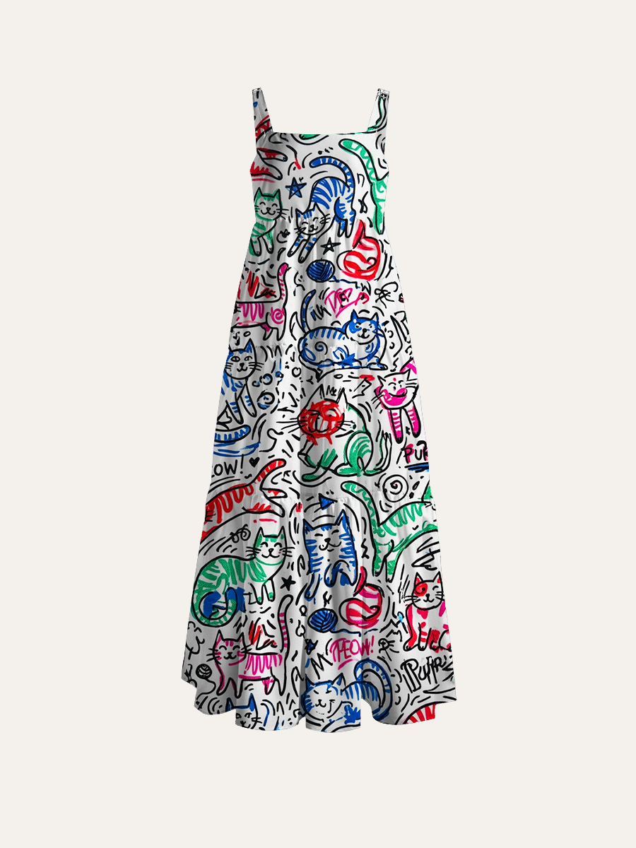Colorful Abstract Line-Art Cats Adjustable Wide Straps Maxi Dress