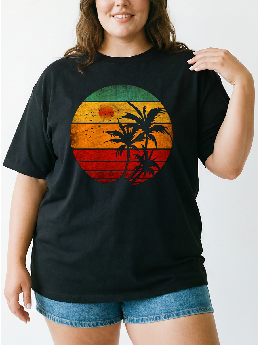 Vintage Sunset Palm Tree Oversize Graphic Tee