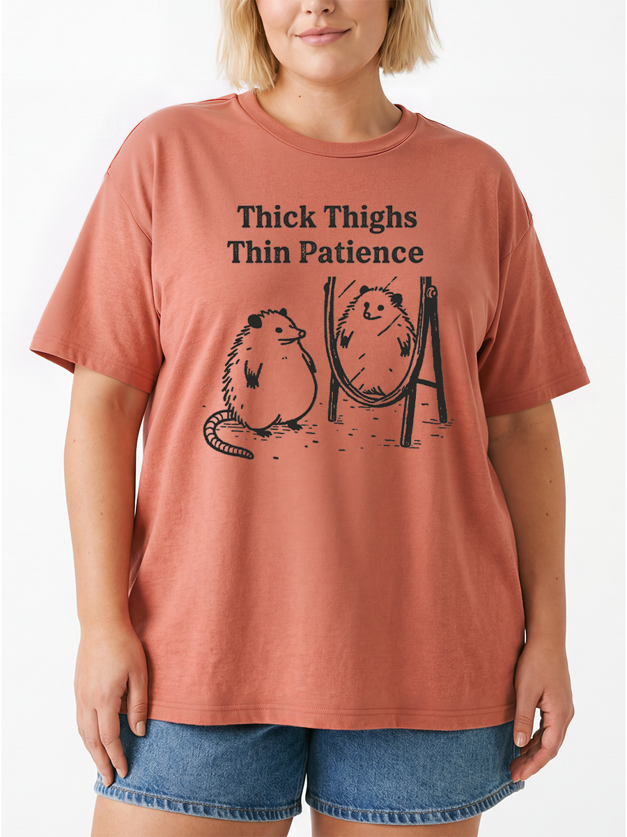Vintage Thick Thighs Thin Patience Funny Chubby  Possum Mirror Drawing Oversize Graphic Tee