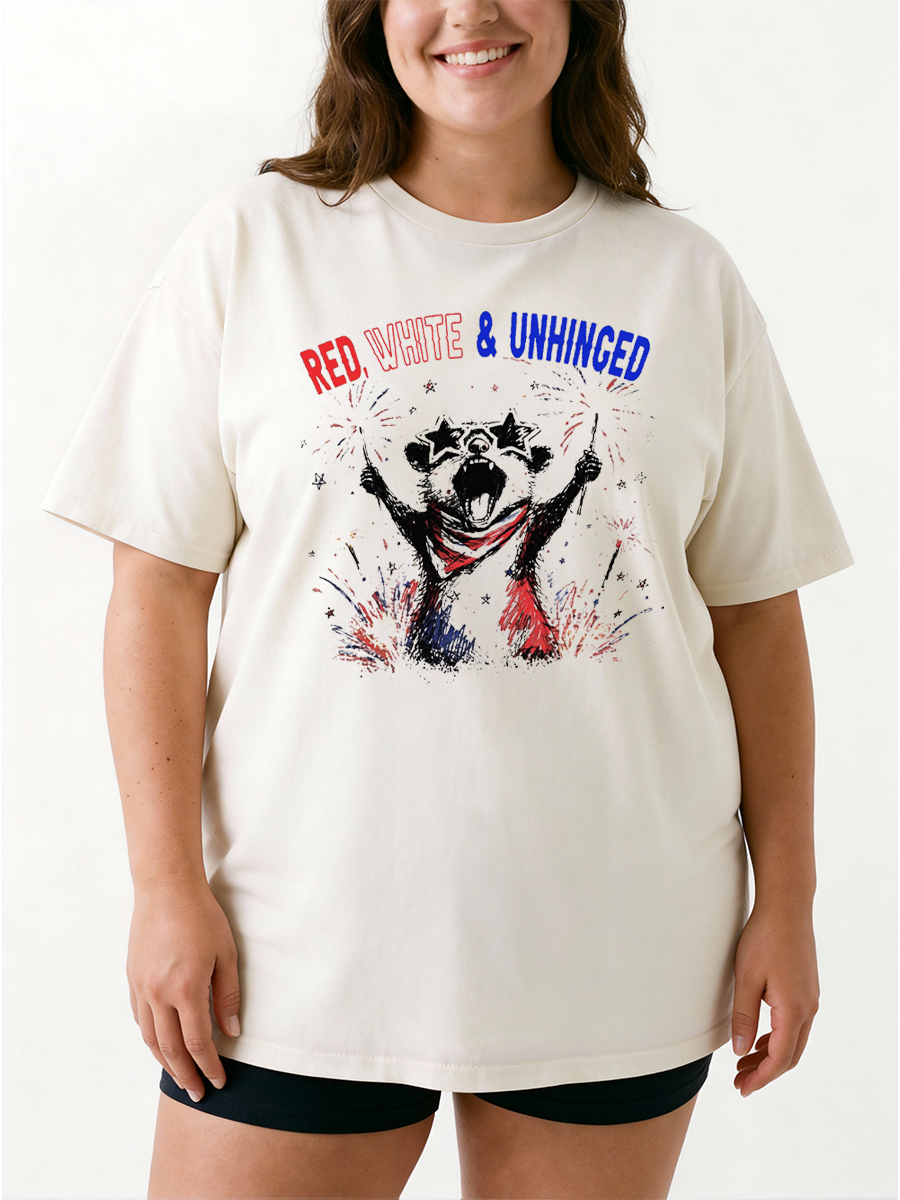 Vintage Red White Unhinched Funny Raccoon 4Th Of July Oversize Graphic Tee