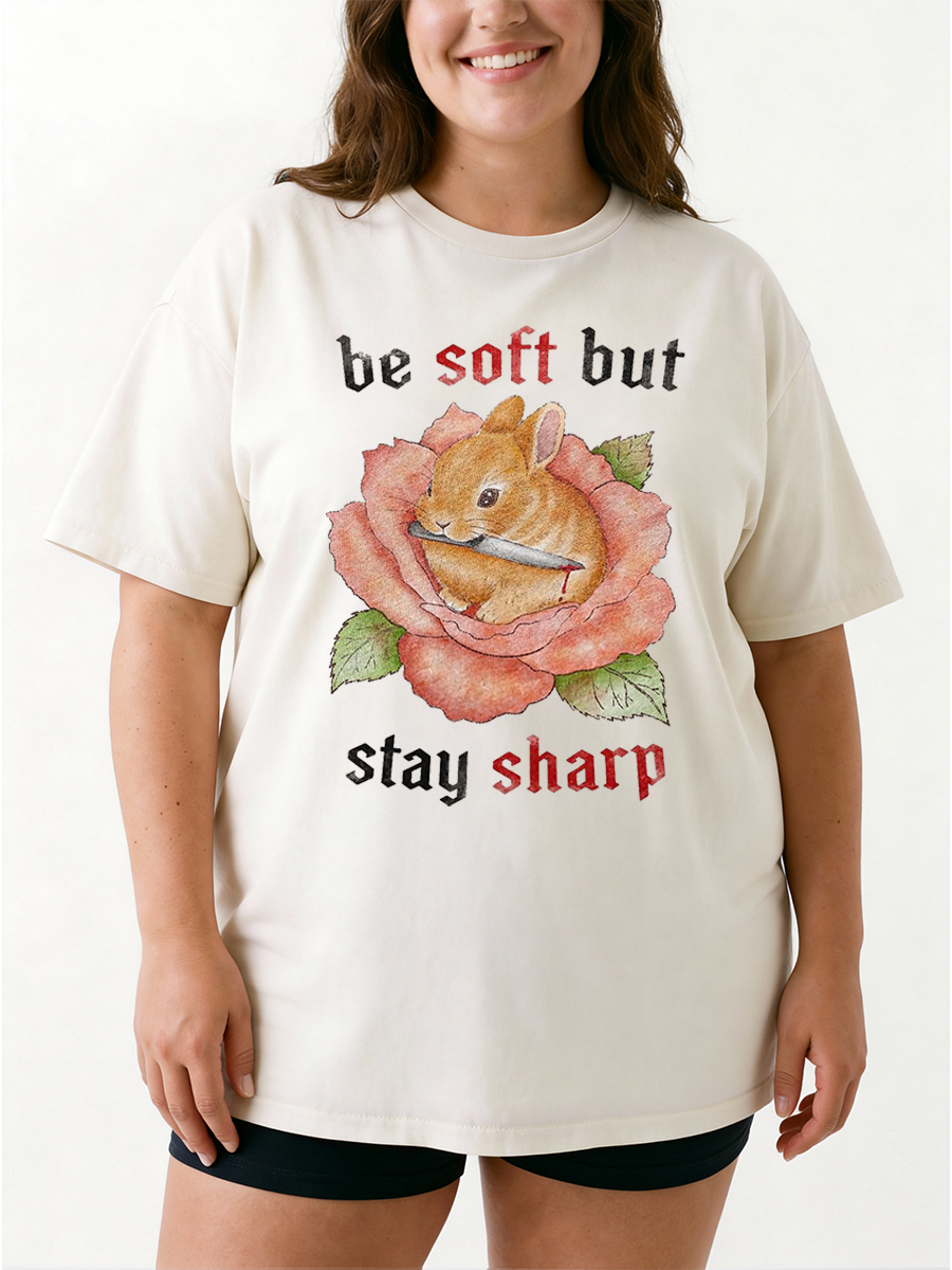 Vintage Be Soft But Stay Sharp Funny Bunny Oversize Graphic Tee