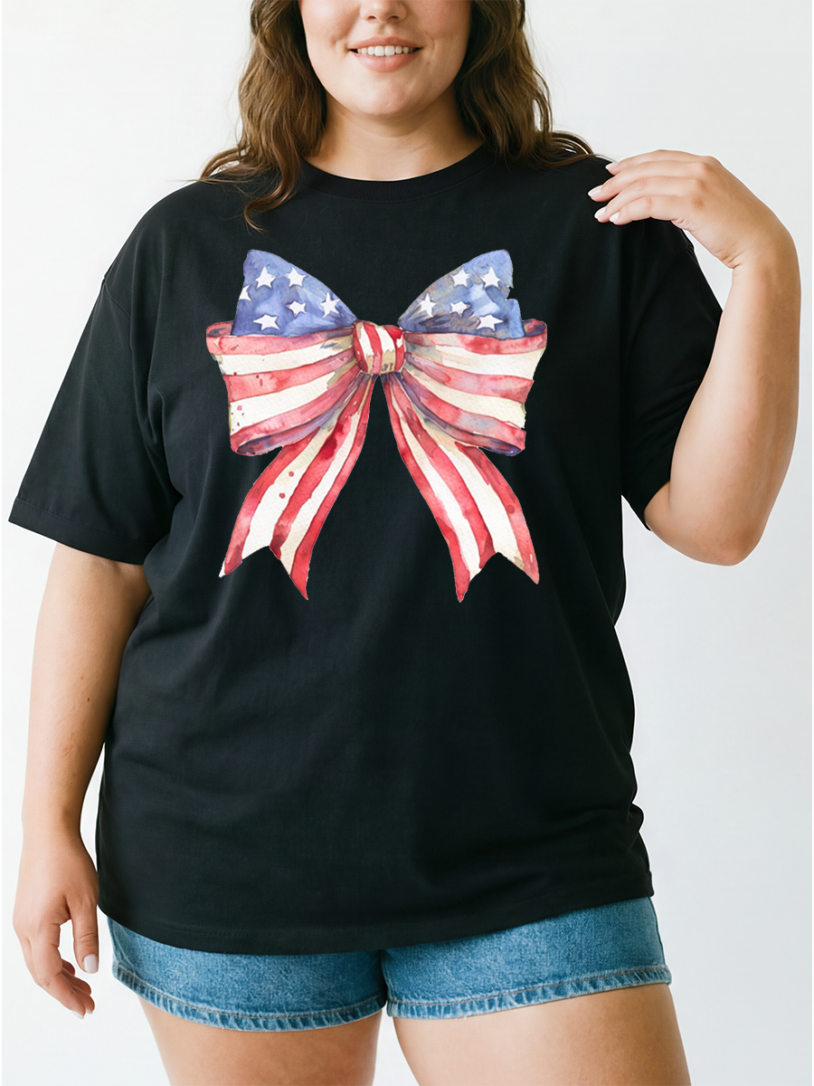 Vintage Red White And Blue Bow For Independence Day Oversize Graphic Tee