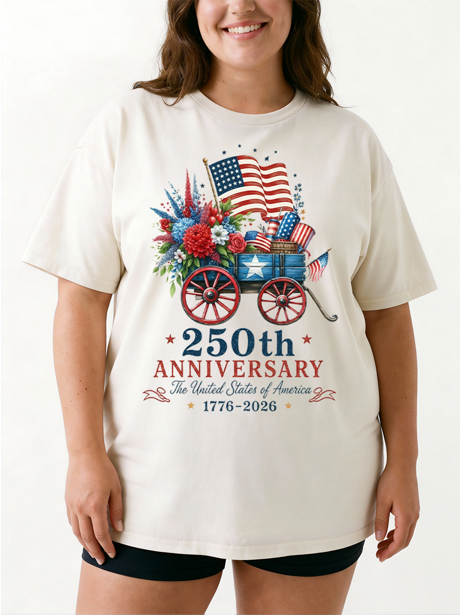 Vintage Red White And Blue Flower Cart Anniversary Oversize Graphic Tee