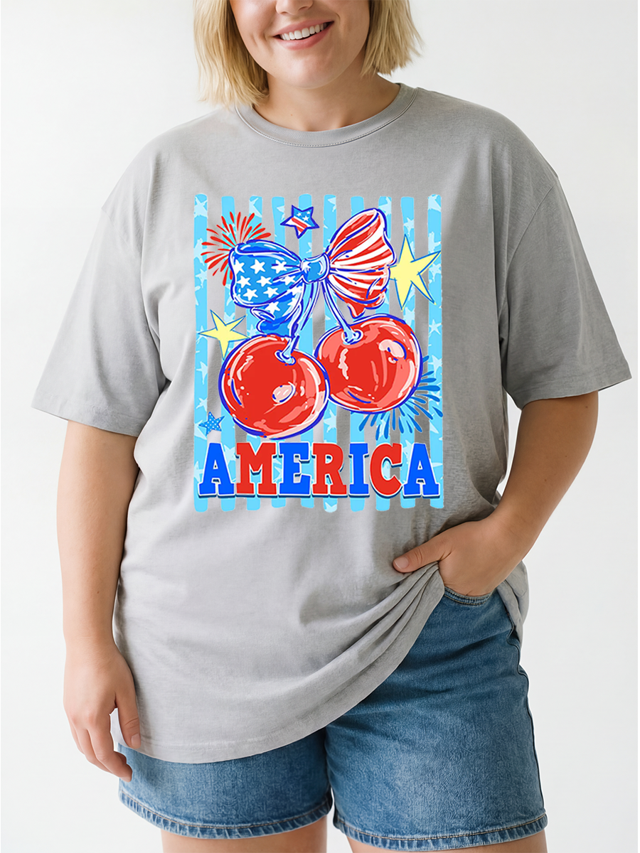 Vintage 4Th Of July Cherry America Coquette Oversize Graphic Tee