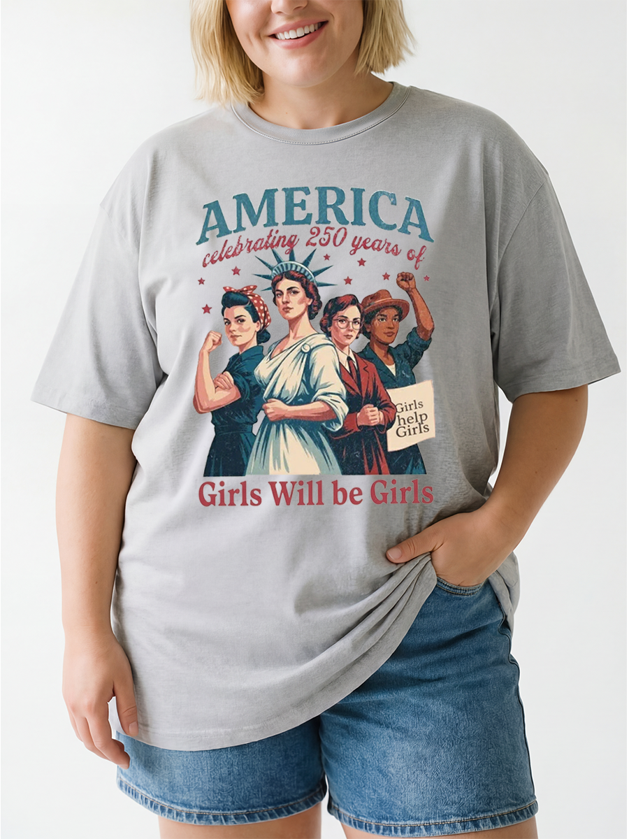 Vintage Girls Will Be Girls Independence Day Oversize Graphic Tee