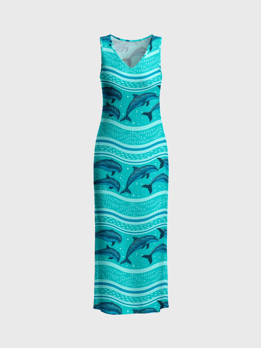 Teal Blue Dolphin Open Stitch Midi Dress