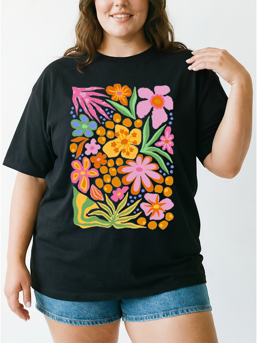 Vintage Bright Tropical Cutout Floral Oversize Graphic Tee