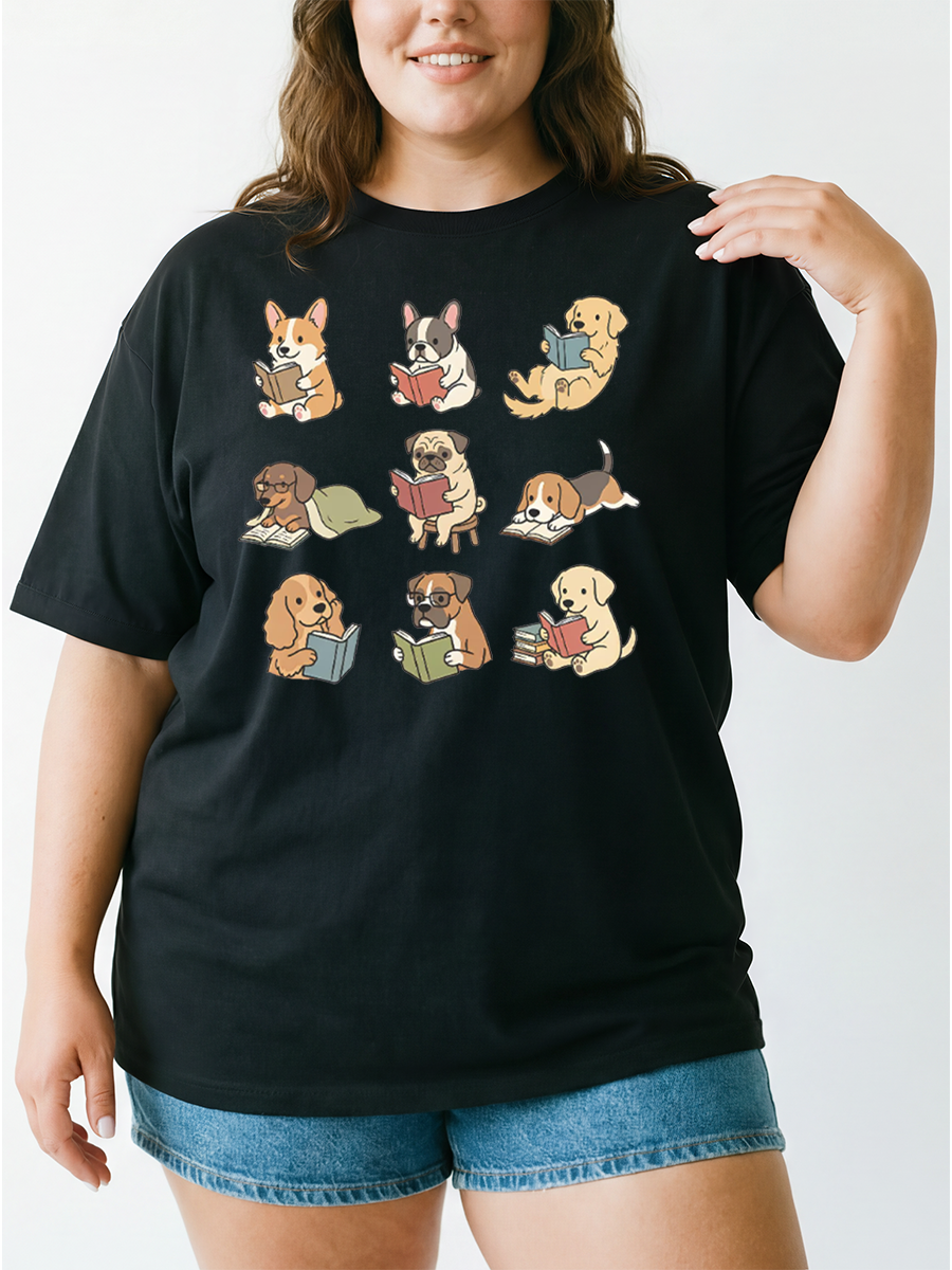 Vintage Funny Dog Reading Oversize Graphic Tee
